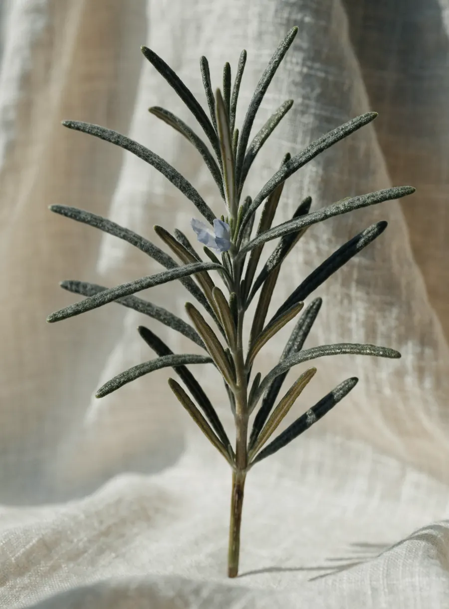 A single rosemary sprig with deep blue-green needled leaves and a small pale blue flower, against soft cream linen.