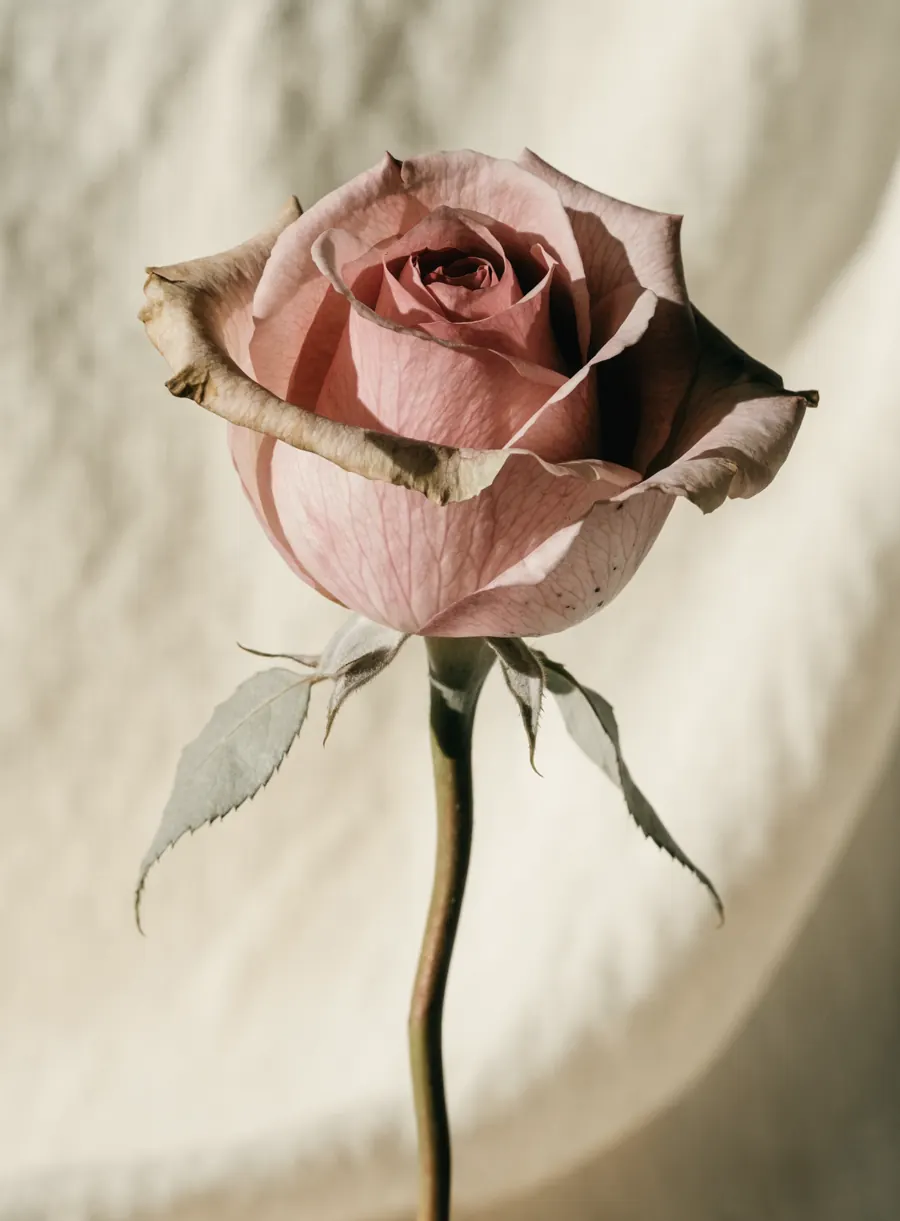 A single blush-pink rose with one softly opening bloom and delicate sage-grey leaves, against soft cream linen.
