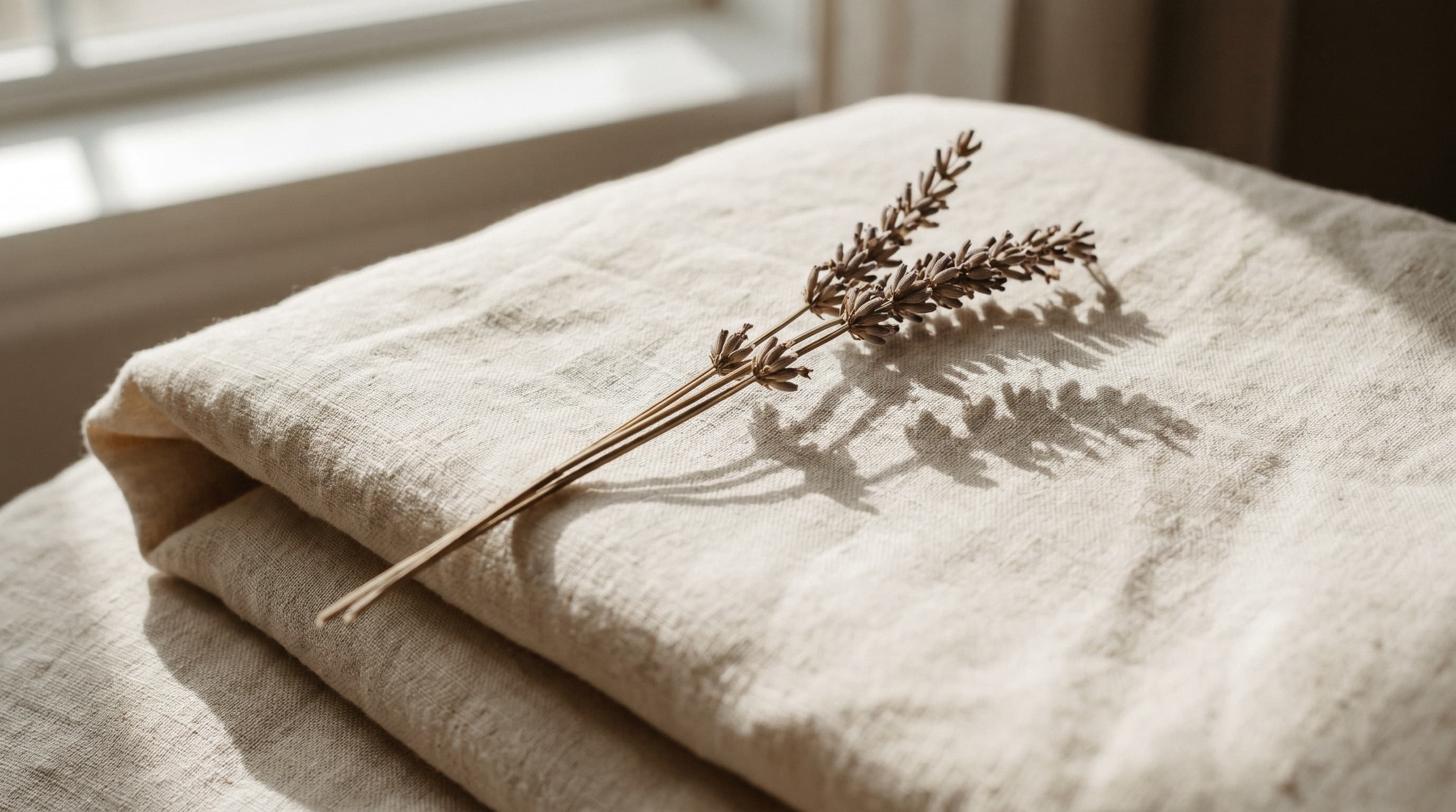 A dried lavender sprig laid on cream linen with soft shadow